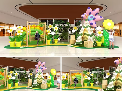 Shopping Mall Interior With Large Colorful Flowers Green Plant Decorations And NAYZEER COM Sign 3d model