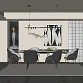Modern Restaurant Interior With Round Dining Table Black Chairs Pendant Lights And Abstract Artwork