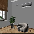 Cozy Indoor Space With Pug Dog White Round Armchair Green Plants Bamboo Blinds Wooden Flooring