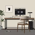 Stylish Wooden Desk With Upholstered Chair Computer Monitor Desk Lamp Potted Plant And Framed Artwork