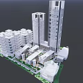 Modern Commercial Complex With Open Courtyard Greenery And Pedestrians