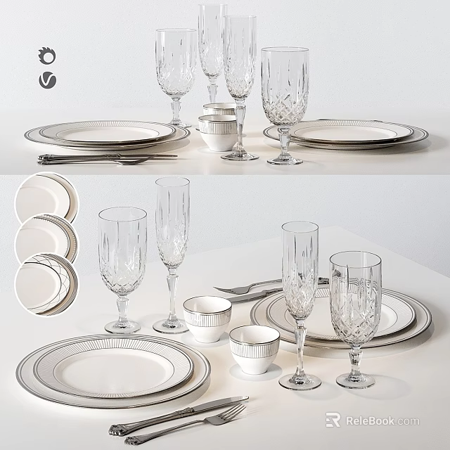 Elegant Dinnerware Set With Plates Wine Glasses Cups And Cutlery For Dining Table 3d model 