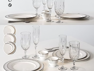 Elegant Dinnerware Set With Plates Wine Glasses Cups And Cutlery For Dining Table 3d model