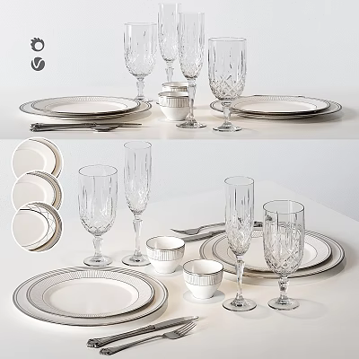 Elegant Dinnerware Set With Plates Wine Glasses Cups And Cutlery For Dining Table 3d model