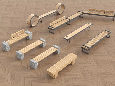 Various Modern Landscape Benches With Wooden Seats Stone Bases And Metal Frames 3d model