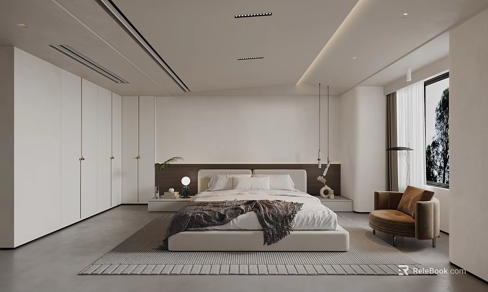 Modern Minimalist Bedroom Interior With White Wardrobe Upholstered Headboard And Brown Armchair 3d model 