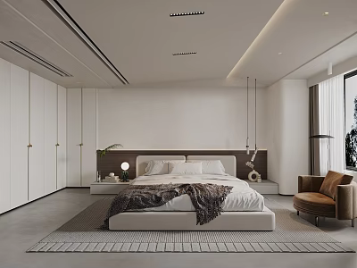 Modern Minimalist Bedroom Interior With White Wardrobe Upholstered Headboard And Brown Armchair 3d model