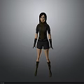 Woman Standing With Dark Hair In Black Top Short Pants Brown Boots On Neutral Background