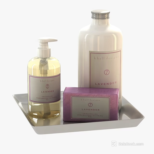 Elegant Bathroom Accessories Set With Lavender Hand Soap Dispenser Soap Bar And Tray 3d model 