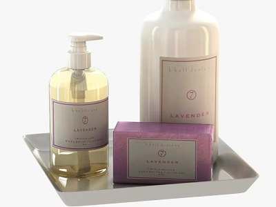 Elegant Bathroom Accessories Set With Lavender Hand Soap Dispenser Soap Bar And Tray 3d model