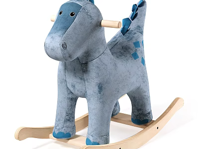 Gray Plush Rocking Horse Doll With Blue Accents And Wooden Rocking Base 3d model