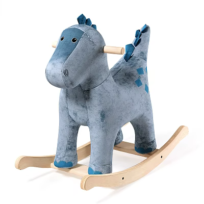 Gray Plush Rocking Horse Doll With Blue Accents And Wooden Rocking Base 3d model