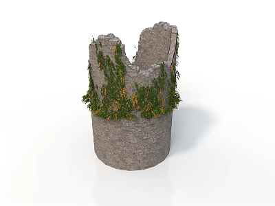 Ancient Ruined Stone Tower Covered With Lush Green Climbing Vines On Walls 3d model