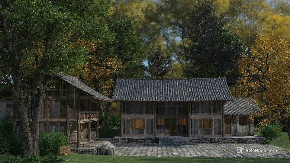 Traditional Wooden House With Tile Roof Surrounded by Autumn Trees and Stone Yard 3d model 