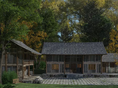 Traditional Wooden House With Tile Roof Surrounded by Autumn Trees and Stone Yard 3d model
