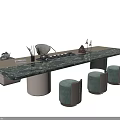 Modern Tea Table And Chairs With Marble Top Green Upholstered Stools And Tea Sets