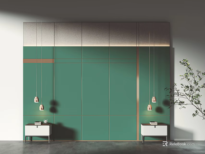 Modern Bedroom Accent Wall With Green Panels Gold Trim And Nightstands 3d model 