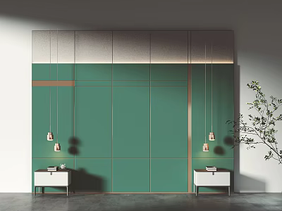 Modern Bedroom Accent Wall With Green Panels Gold Trim And Nightstands 3d model