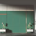 Modern Bedroom Accent Wall With Green Panels Gold Trim And Nightstands