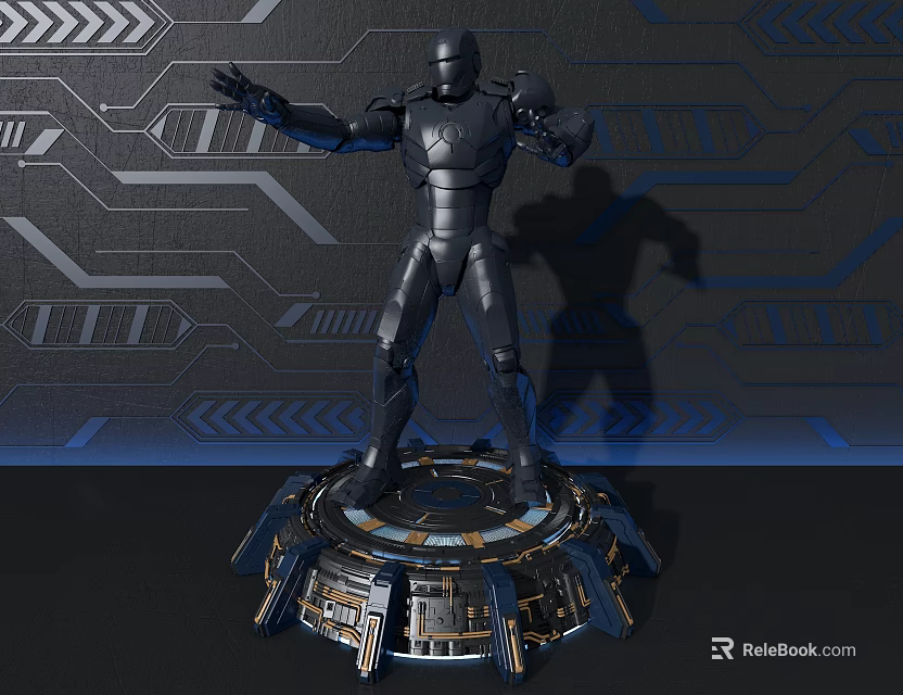 Decorative Ornament Set With Black Iron Man Figurine Tech Inspired Base And Futuristic Circuit Backdrop 3d model 