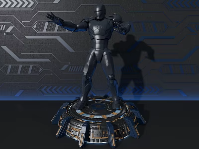 Decorative Ornament Set With Black Iron Man Figurine Tech Inspired Base And Futuristic Circuit Backdrop 3d model