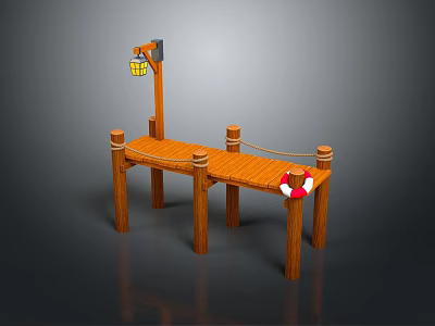 Scenic View Of Rustic Wooden Dock With Hanging Lantern And Lifebuoy 3d model