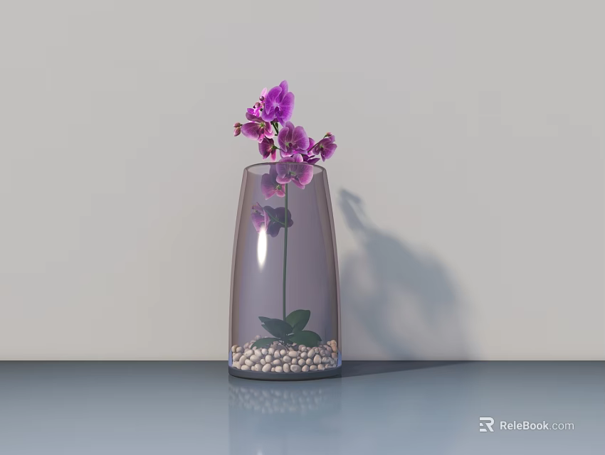 Glass Vase with Purple Orchids and White Pebbles on Sleek Surface Light Wall 3d model 
