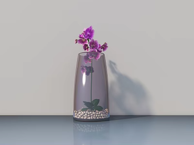 Glass Vase with Purple Orchids and White Pebbles on Sleek Surface Light Wall 3d model