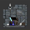 Stone Wall And Floor Corner Scene Featuring Treasure Chest Torch Broom Bones And Blue Bottle