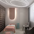 Modern Apartment Interior With White Chairs Coffee Table Circular Lights Arched Doorway Bed And Stools