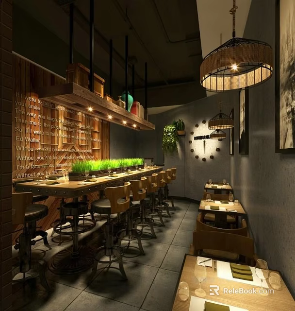 Cozy Modern Restaurant Interior With Wooden Bar High Stools Hanging Lamps And Green Plants 3d model 