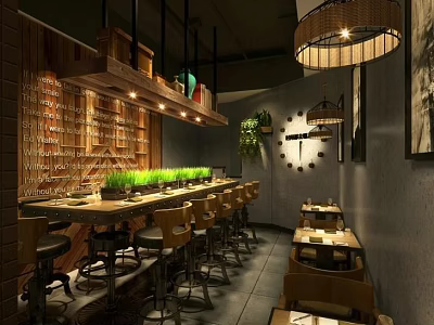 Cozy Modern Restaurant Interior With Wooden Bar High Stools Hanging Lamps And Green Plants 3d model