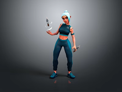 Female Sporty Character In Blue Outfit With Short Hair Holding Daggers 3d model