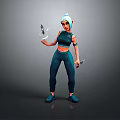 Female Sporty Character In Blue Outfit With Short Hair Holding Daggers