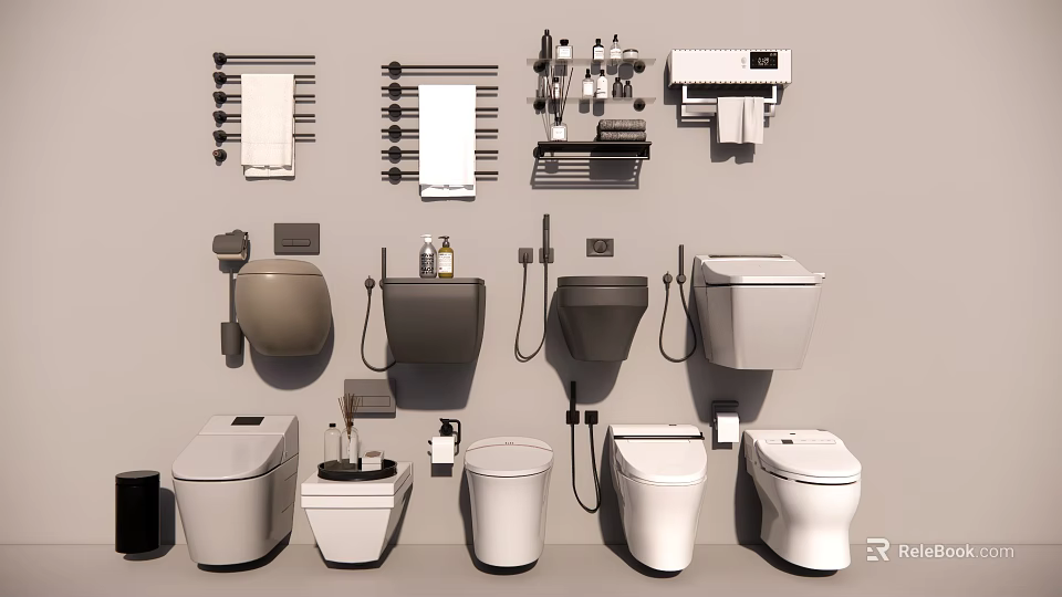 Modern Bathroom Suite With Toilets Towel Racks And Sleek Wash Basins 3d model 