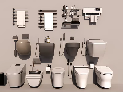 Modern Bathroom Suite With Toilets Towel Racks And Sleek Wash Basins 3d model