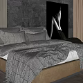 Double Bed in Modern Bedroom with Wooden Wall Pendant Light and Plaid Bedding