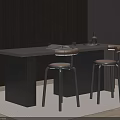 Contemporary Bar Counter With Wooden Top Black Base And Leather Bar Stools On Light Floor