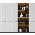Modern Bookcase With Layered Shelves LED Lighting Decorative Sculptures And Storage Jars