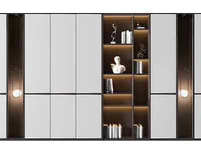 Modern Bookcase With Layered Shelves LED Lighting Decorative Sculptures And Storage Jars 3d model