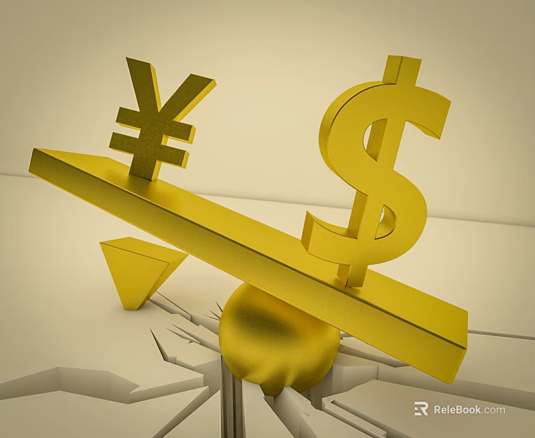 Golden Balance Scale With Yen And Dollar Symbols On Cracked Ground 3d model 