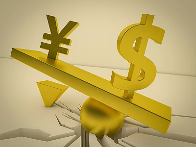 Golden Balance Scale With Yen And Dollar Symbols On Cracked Ground 3d model
