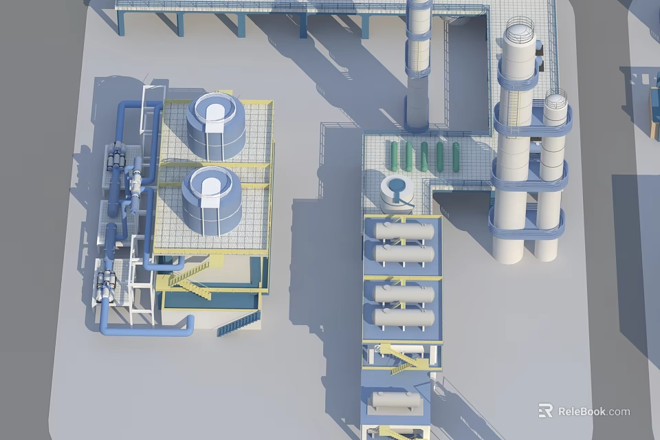 Industrial Equipment Setup Featuring Storage Tanks Piping System And Towers 3d model 
