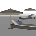 Stylish Outdoor Lounge Chairs With Beige Umbrella And Blue Pillows