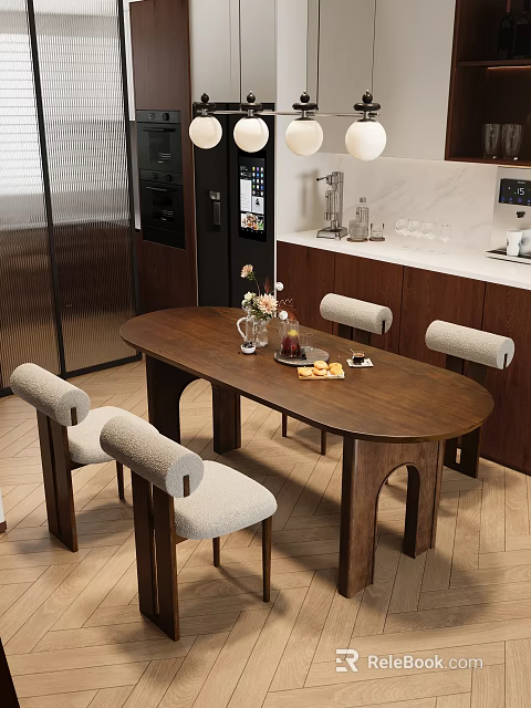 Modern Wooden Oval Dining Table Set With Upholstered Backrest Chairs And Marble Countertop 3d model 