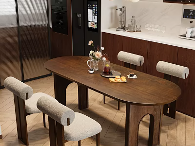 Modern Wooden Oval Dining Table Set With Upholstered Backrest Chairs And Marble Countertop 3d model