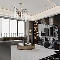 Modern Elegant Living And Dining Room With Grey Sofa Chandelier And Marble Floor