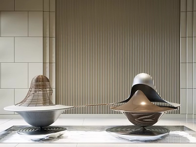 Modern Sculptures with Metal Mesh Curved White Brown Shapes on Circular Bases Vertical Striped Wall 3d model