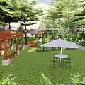 Garden Landscape Design With White Gazebo Purple Flowers And Checkerboard Pavement