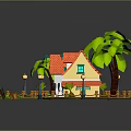 Cartoon Scene With Yellow House Red Roof Palm Trees Green Lawn And Stone Pathway